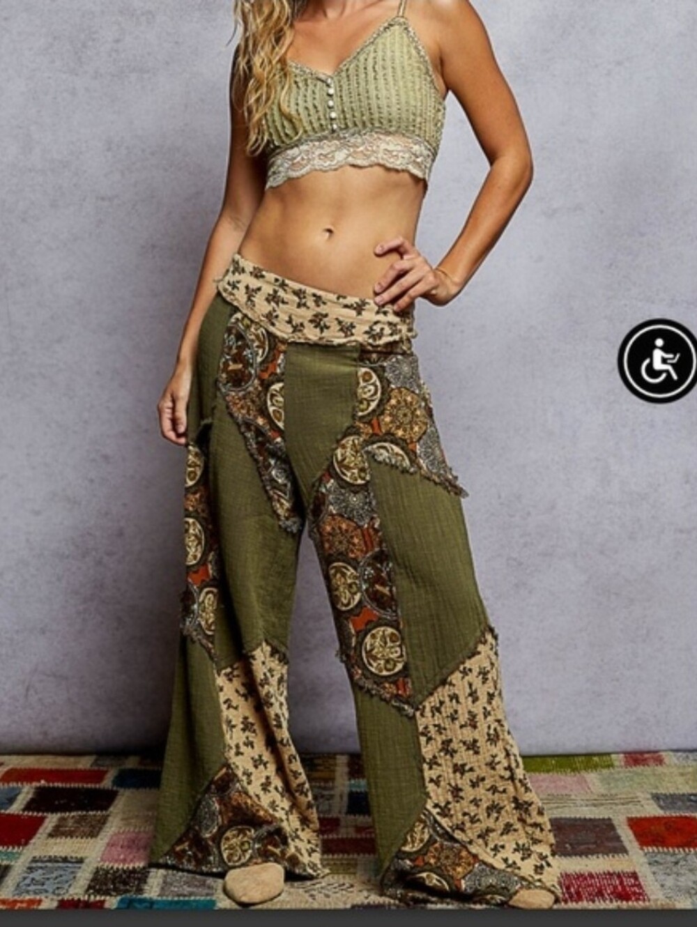 NEW!!! POL Boho Patchwork Wide-Leg Pants in Olive Green, Sz Med And Lrg, NWT